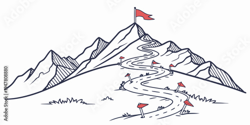 A mountain with a flag on top and people hiking Vector