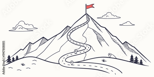 A mountain with a flag on top and a winding path Vector