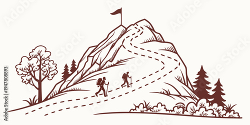 Hikers climbing a mountain with a flag on top Vector