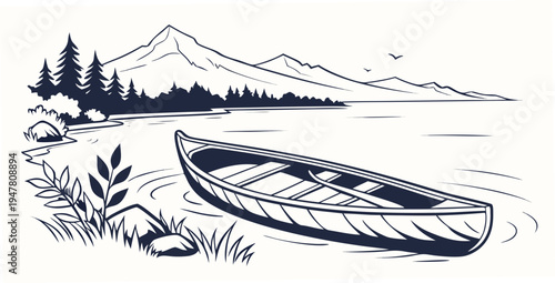 A small boat floating on a serene lake with a mountain in the background Vector