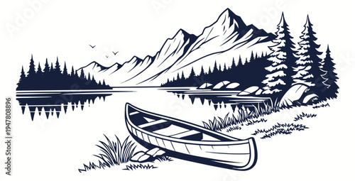 A scenic mountain landscape with a lake and trees Vector