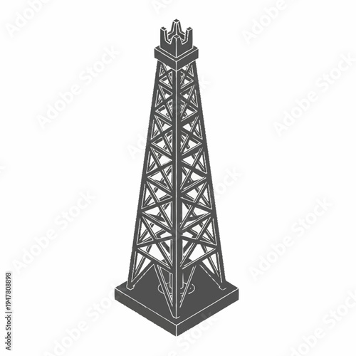 Isometric illustration of a drilling rig, a tall metal structure used in the oil and gas industry for extracting resources from the earth.