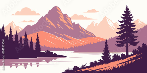 A serene mountain landscape with a lake and trees Vector