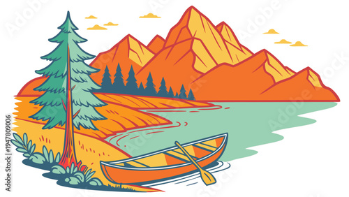 A serene lake scene with a canoe and a pine tree Vector