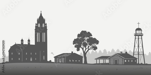 USA, US, U.S, United States - Cheyenne skyline western town silhouettes monochrome poster