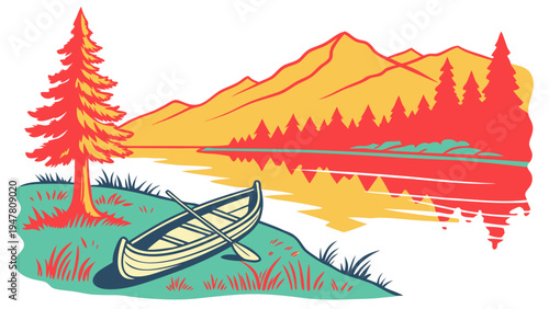 A canoe sitting on the shore of a lake Vector