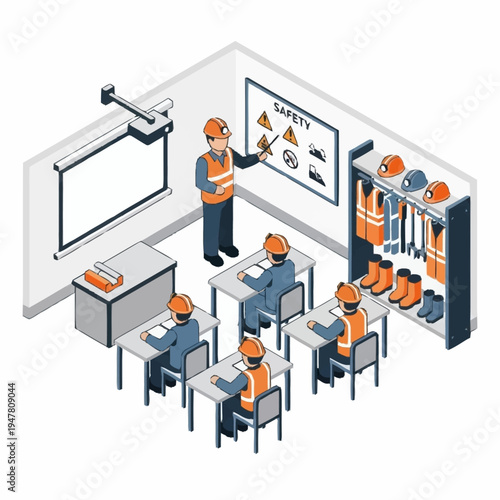 Isometric illustration of a safety training session with construction workers in a classroom setting.