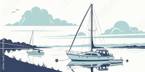 A sailboat floats calmly on the water with clouds in the background Vector