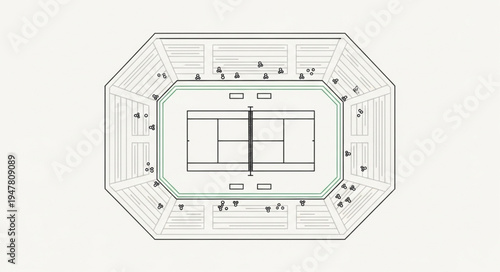 Overhead View of a Tennis Court with Seating.