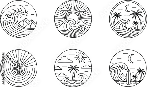 Ocean wave and tropical beach landscape line icons collection with sun moon palm trees surfing and sea nature vector set