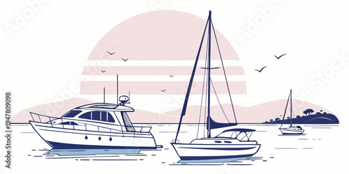 Boats are moored near the shore at sunset Vector