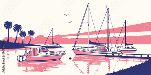 Sailboats moored in a tranquil harbor at sunset Vector
