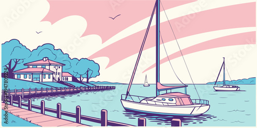 A sailboat floats on the water near a dock Vector