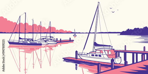 Sailboats are moored at a dock on a lake Vector