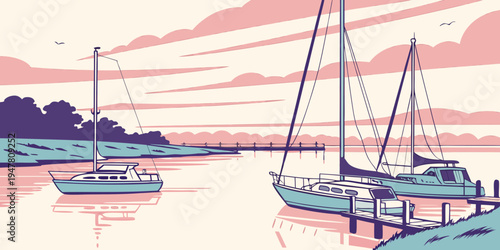Boats are moored on a serene lake at sunset Vector