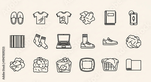 Collection of Laundry and Household Items in Line Art Style.