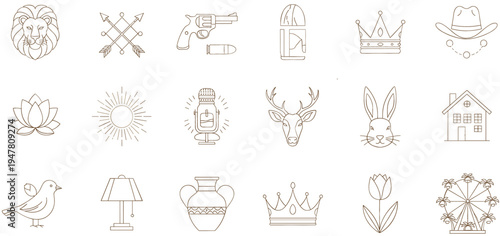 Vintage western and boho outline icons set with lion arrows revolver crown deer lotus sun bird and decorative symbols vector