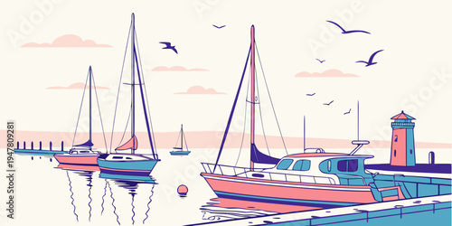 Sailboats are moored in a harbor with a lighthouse Vector