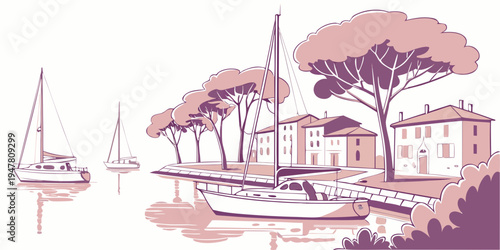 A sailboat and buildings near a tree lined waterfront Vector