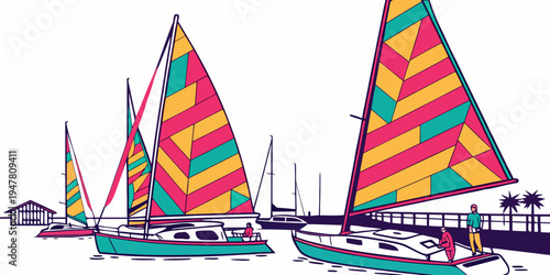 Sailboats with colorful sails on the water Vector