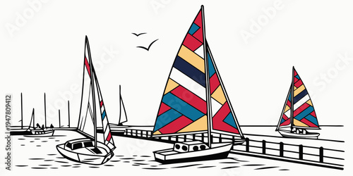 A group of sailboats with colorful sails on the water Vector