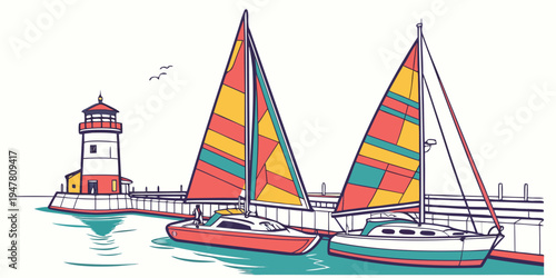 A colorful catamaran sailboat near a lighthouse Vector
