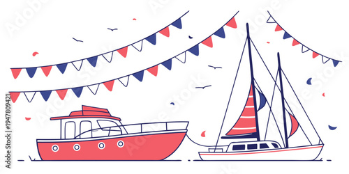 Red and white boats with bunting on the water Vector