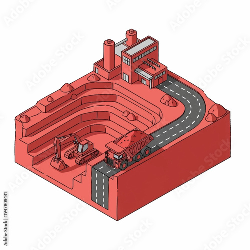 Isometric illustration of a quarry with a factory, excavator, and dump truck, all in shades of red.