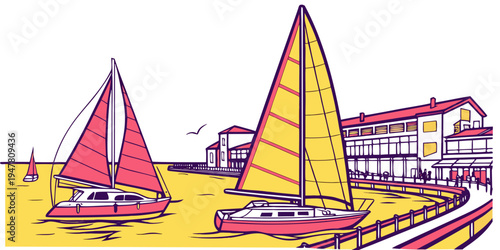 Sailboats on a beach near a large building Vector