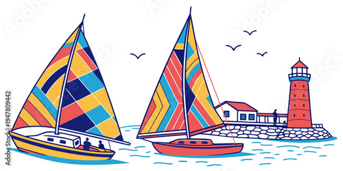 Sailboats and lighthouse by the sea Vector