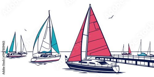 Sailboats are moored at a dock by the sea Vector