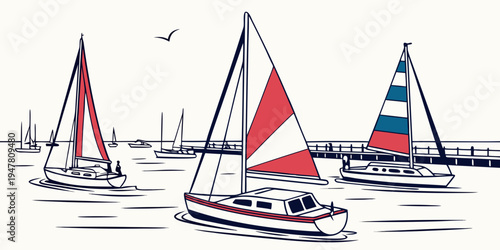 Three sailboats with colorful sails on the water Vector