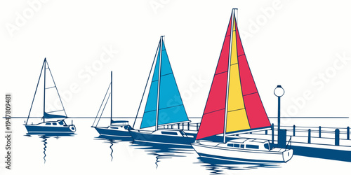 Three sailboats are docked at a pier Vector