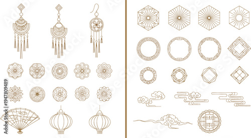 Traditional Chinese decorative elements collection with lanterns fans clouds geometric frames and ornamental patterns elegant vector set