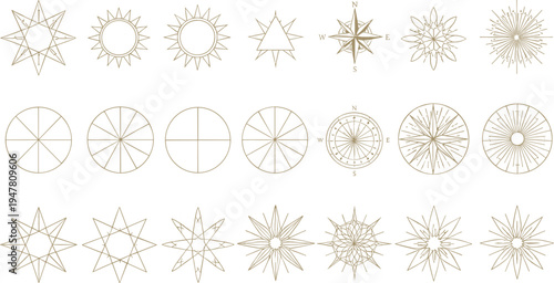 Vintage celestial starburst and compass symbols collection with sun rays geometric stars and navigation elements decorative vector set
