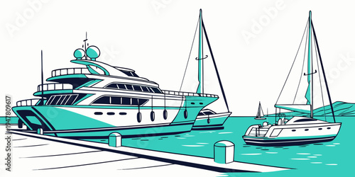 A large yacht and sailboats in the water Vector