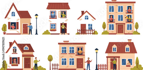 Neighborhood House Facade Set with Residents at Windows Doors and Balconies in Cozy Residential Community Flat Vector Illustration