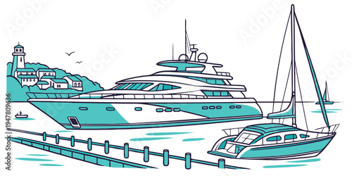 A large yacht and a small sailboat on the water Vector