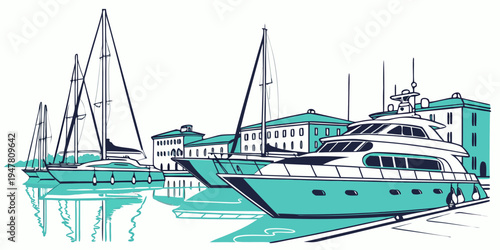 A large yacht is docked in a marina with sailboats Vector