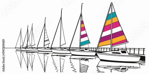 A catamaran sailboat with colorful sails on the water Vector
