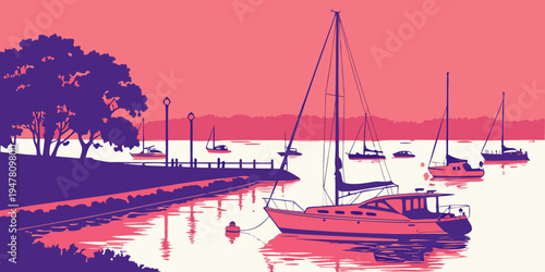 Boats are moored in a canal by a tree lined shore Vector