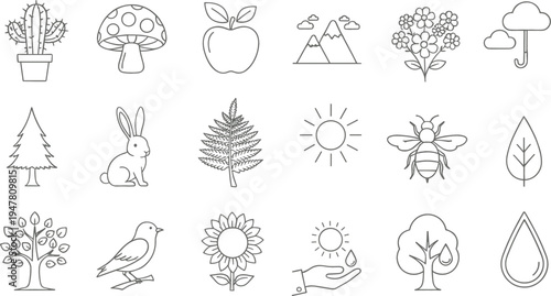 Nature and wildlife outline icons collection with cactus mushroom apple mountain bee rabbit tree leaf and eco symbols vector set