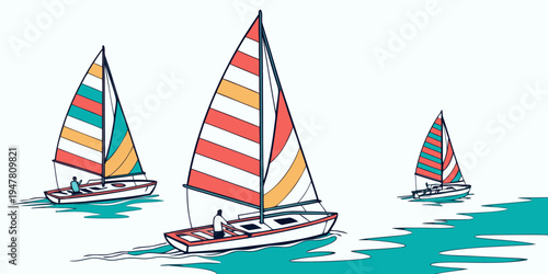 Three sailboats on the water with colorful sails Vector