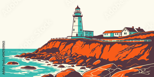 A lighthouse on a rocky cliff overlooking the ocean Vector