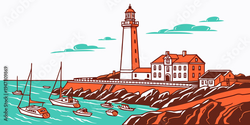 A lighthouse on a rocky coastline with buildings Vector