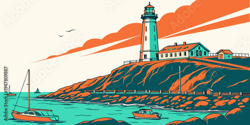 A lighthouse on a rocky coastline with a building Vector