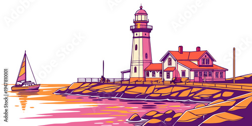 A lighthouse on a rocky coastline with a sailboat Vector