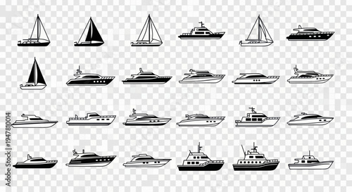 Collection of Luxury Yachts and Sailboats, Vector Icons, Isolated on Transparent Background