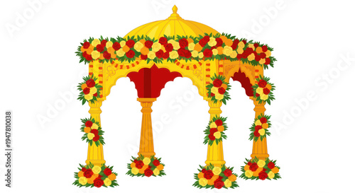 Decorative Wedding Mandap Archway with Colorful Flowers and Ornate Yellow Structure