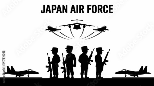 Powerful silhouette graphic showcasing military personnel standing guard with advanced fighter jets and transport aircraft, symbolizing national aerial defense and security